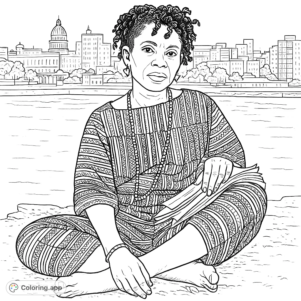 A captivating cultural portrait featuring a woman in patterned attire, seated with a book against a detailed cityscape backdrop.