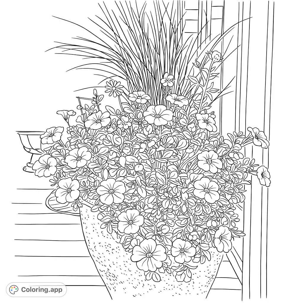 A charming flowering pot brimming with numerous bell-shaped blossoms and delicate foliage, set against a backdrop of tall grass and a window. A delightful floral coloring page.