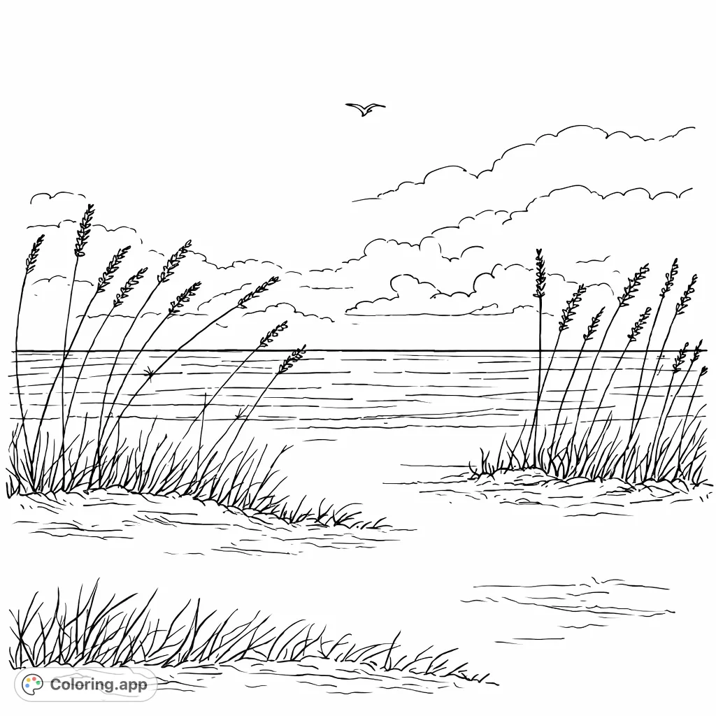 A serene coastal scene featuring tall dune grasses, soft sandy paths, and a calm ocean under a wide sky, perfect for a peaceful coloring experience.