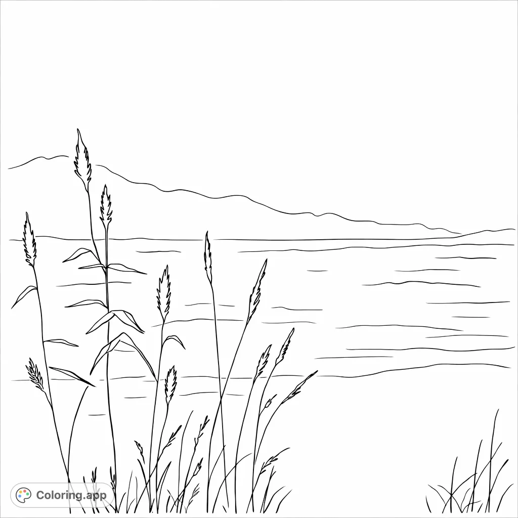 Color a peaceful coastal scene featuring tall, elegant beach grasses swaying by a sandy shore, meeting tranquil ocean waters under an expansive, open sky.