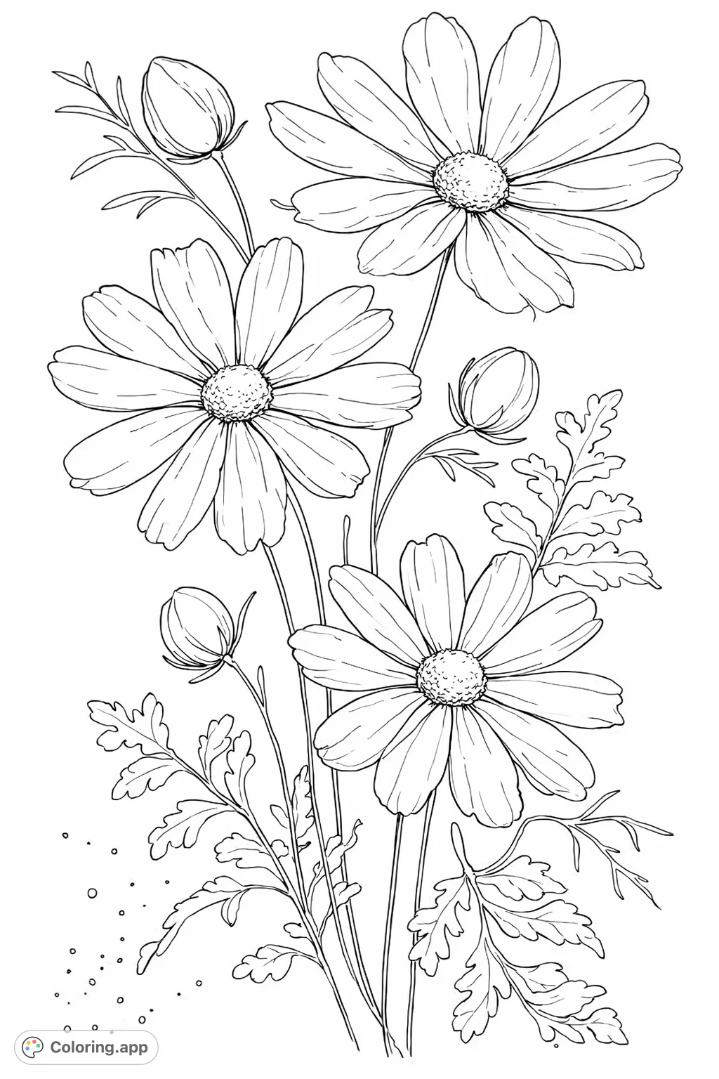 Discover a beautiful floral coloring page featuring three elegant cosmos-like flowers, intricate buds, and detailed foliage. Perfect for a mindful coloring session.