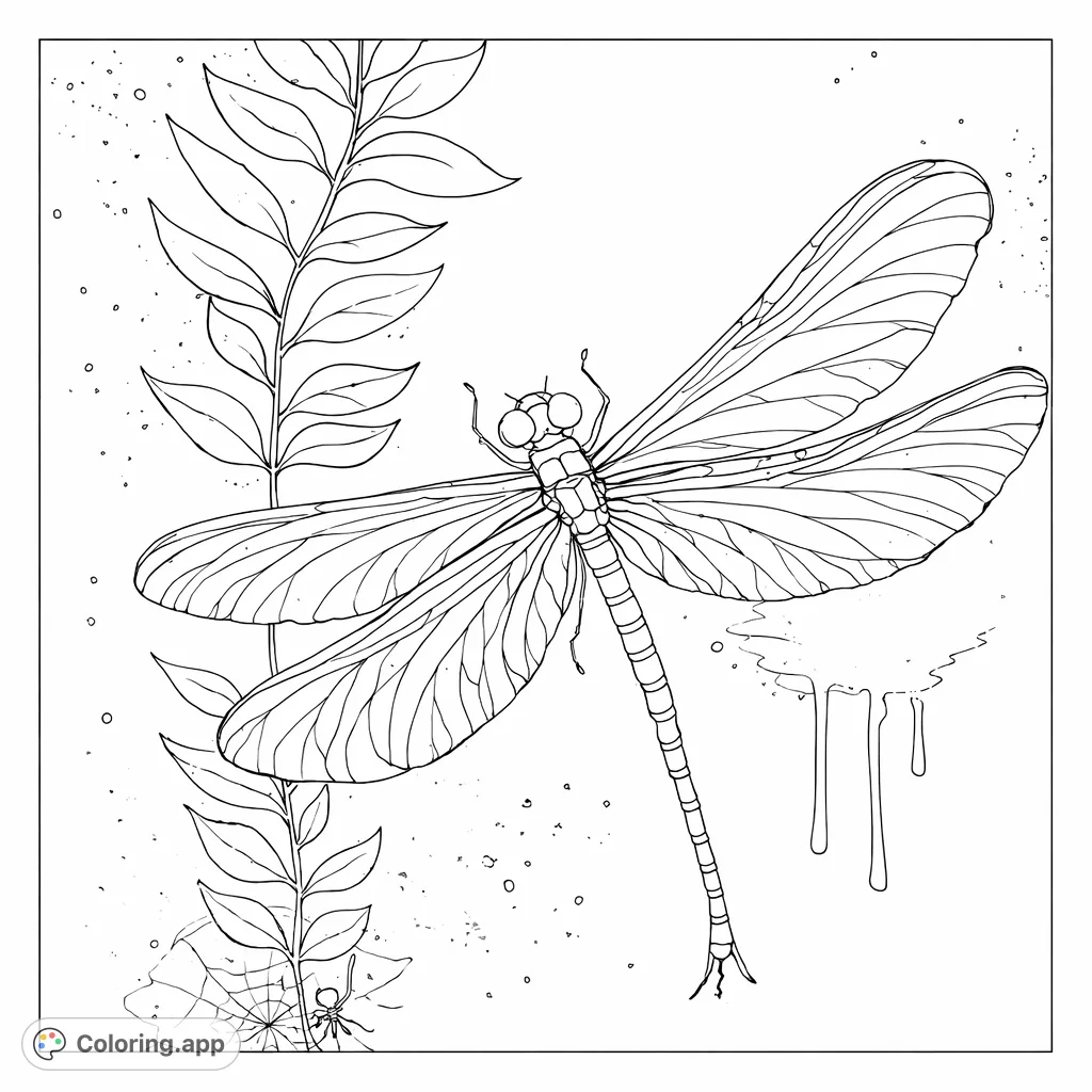 A captivating dragonfly coloring page featuring a delicate insect with detailed wings, surrounded by elegant foliage and atmospheric artistic elements.