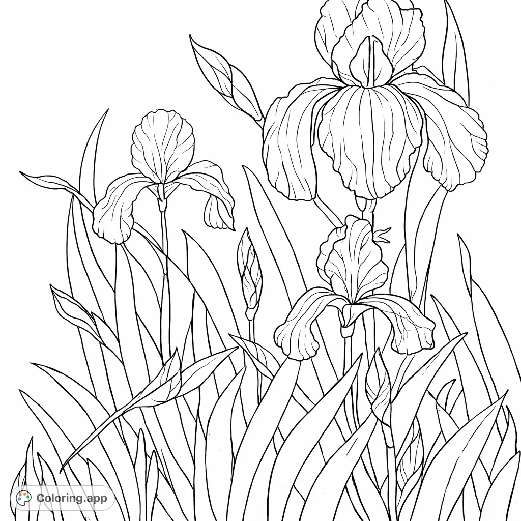 Discover the beauty of irises with this elegant floral coloring page. Detailed petals and lush foliage await your creative touch.