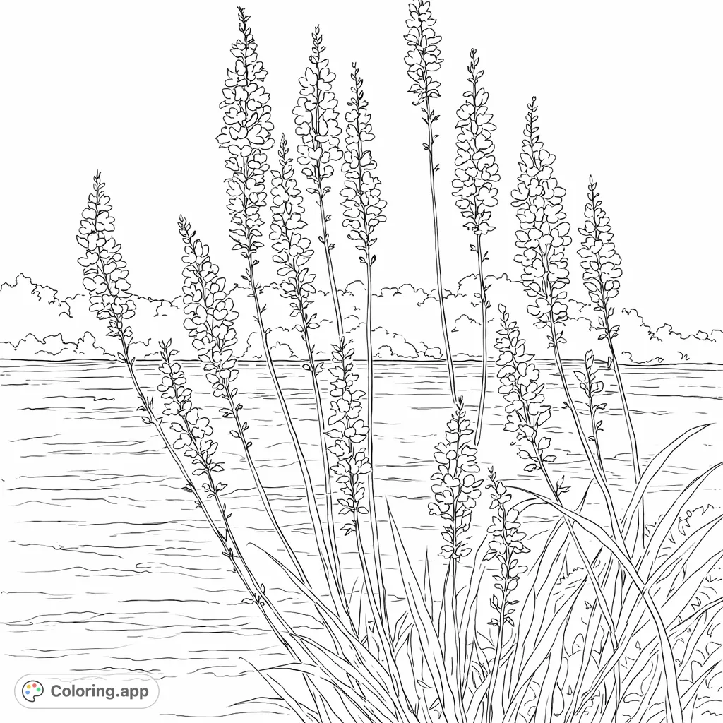 Immerse yourself in nature with this elegant floral coloring page, featuring tall, graceful flowers by a serene body of water and distant trees.