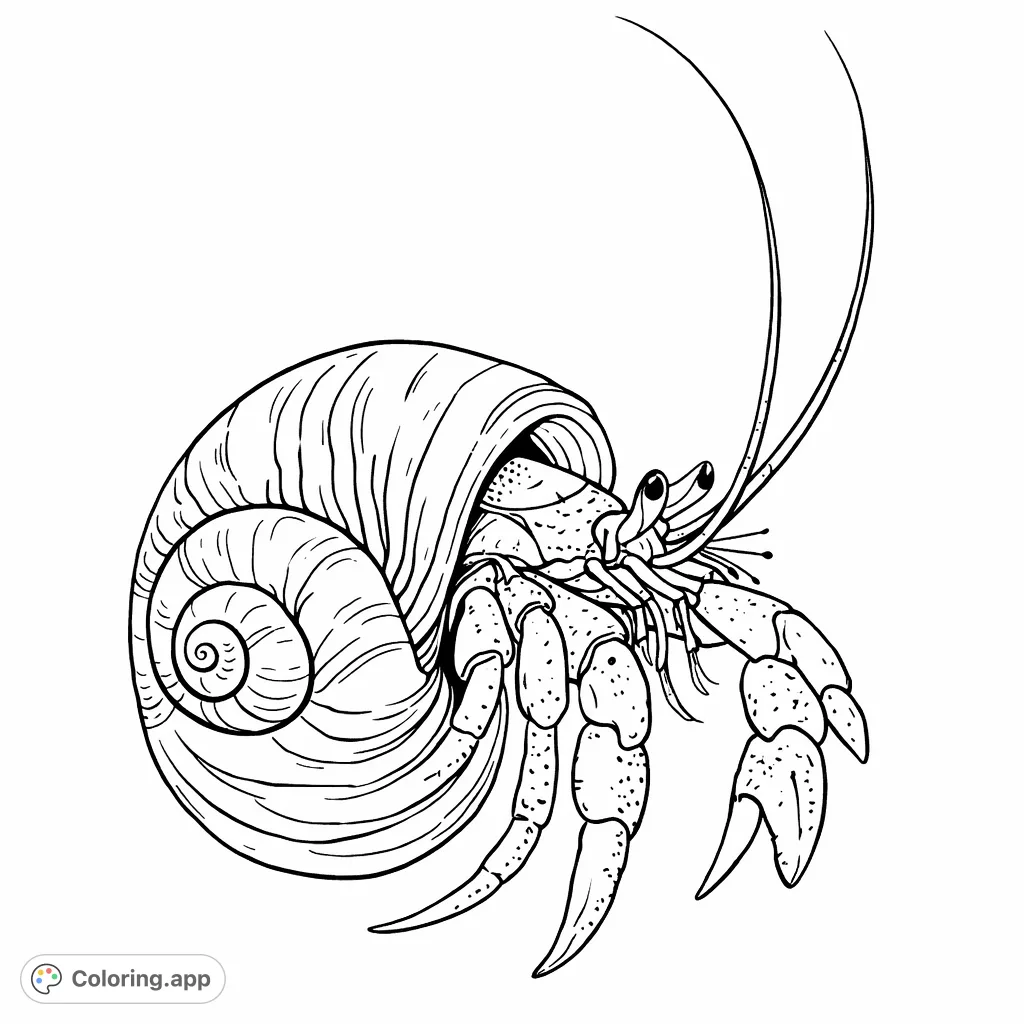 A detailed hermit crab coloring page, showcasing its intricate spiraling shell and segmented body. Perfect for nature lovers to color!