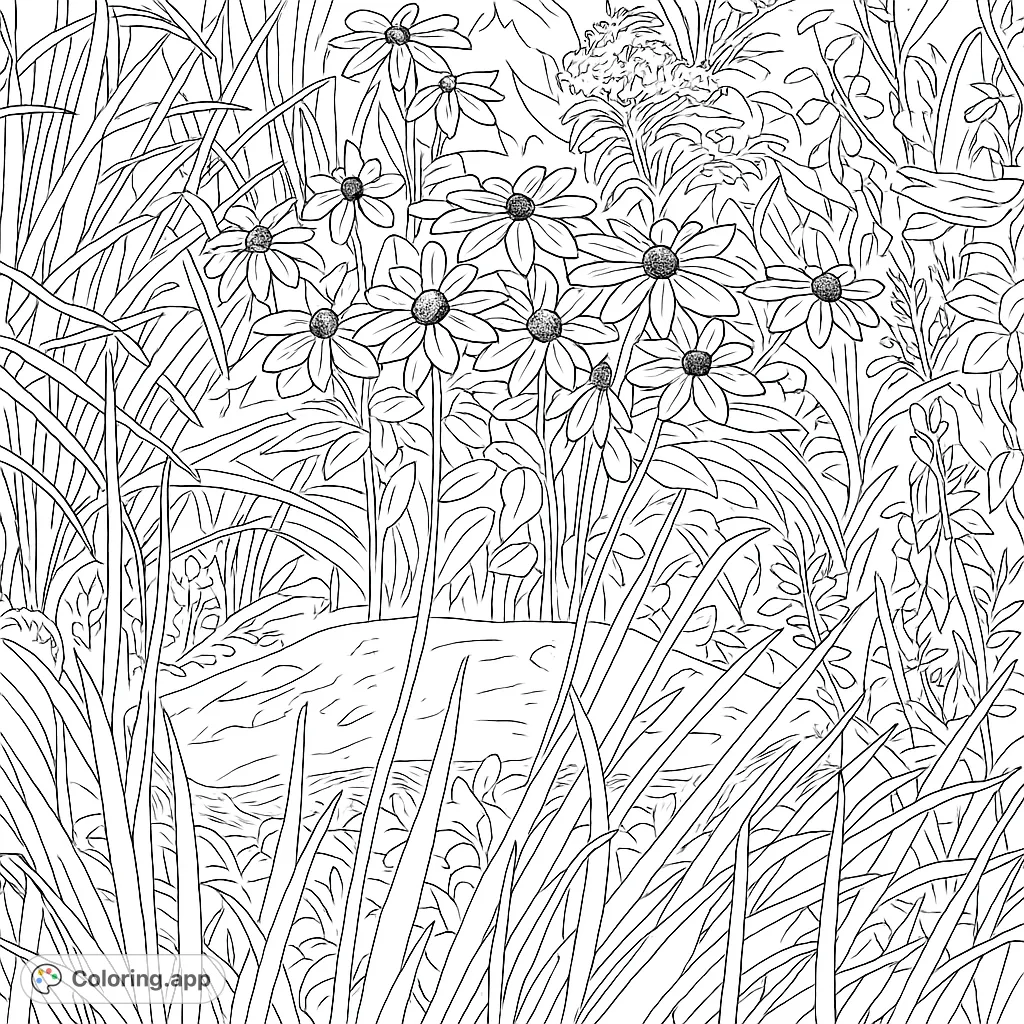 A detailed garden scene with cheerful blossoms, diverse foliage, and a textured rock, offering a rich botanical coloring experience for nature enthusiasts.
