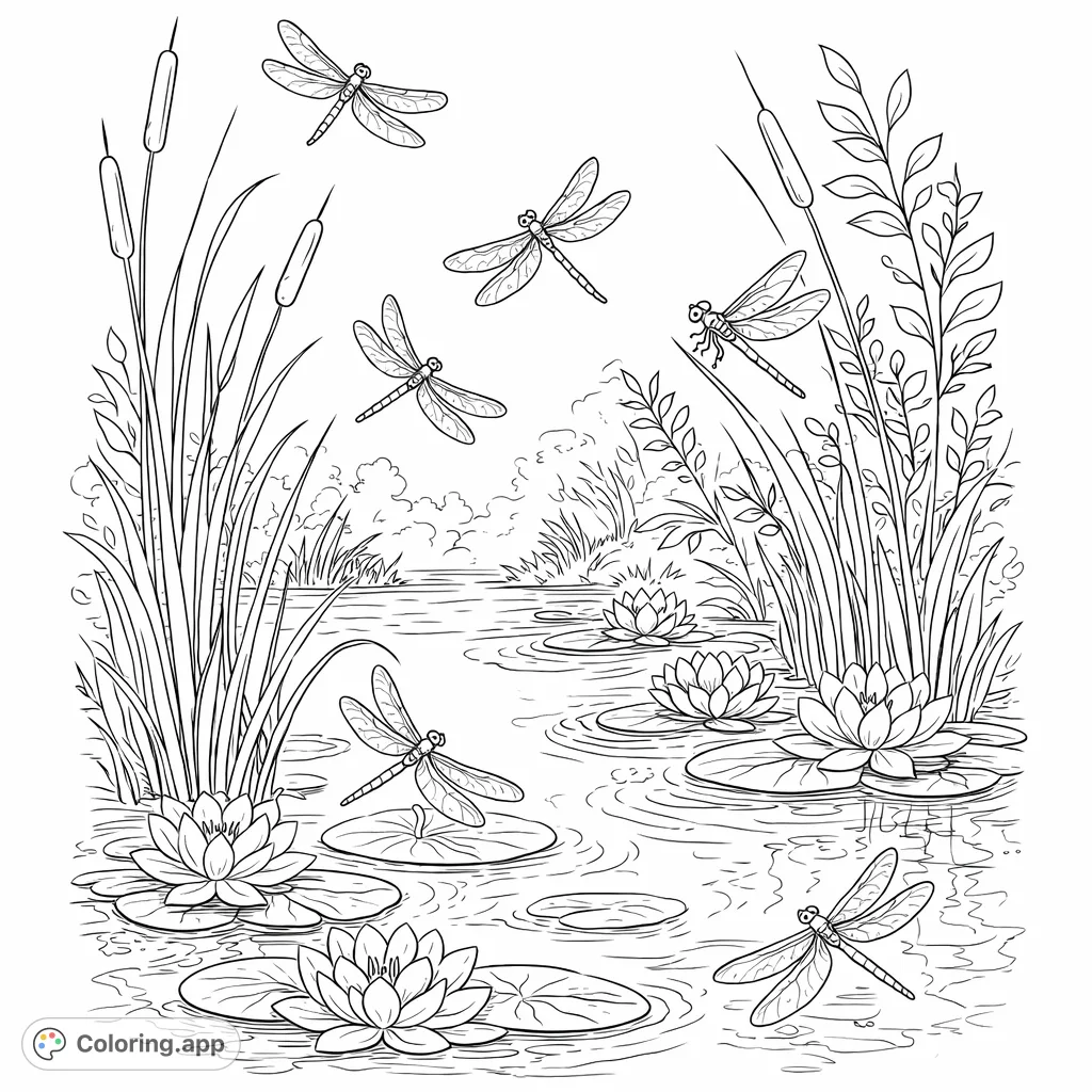 Immerse yourself in a serene pond teeming with delicate dragonflies and beautiful water lilies. A nature-inspired scene perfect for relaxation.