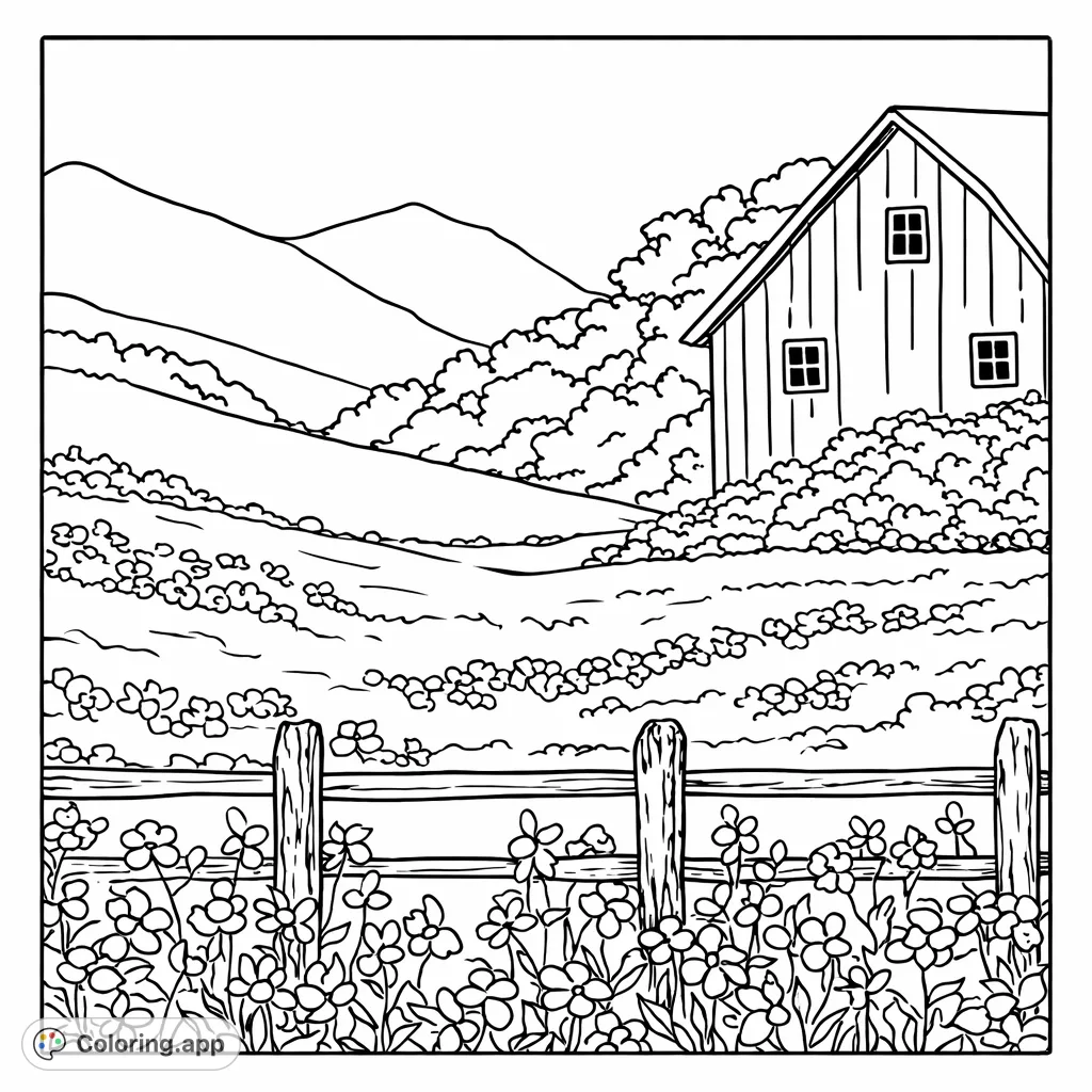 Explore a peaceful countryside scene featuring a rustic barn, rolling meadows filled with blossoms, and distant mountains. A charming fence adds a rustic touch to this idyllic landscape.