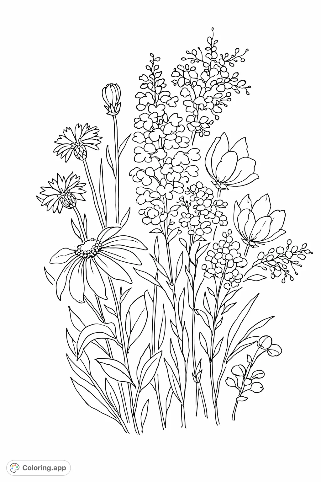 A charming wildflower bouquet coloring page featuring various blossoms and delicate foliage. Perfect for a calming coloring experience.