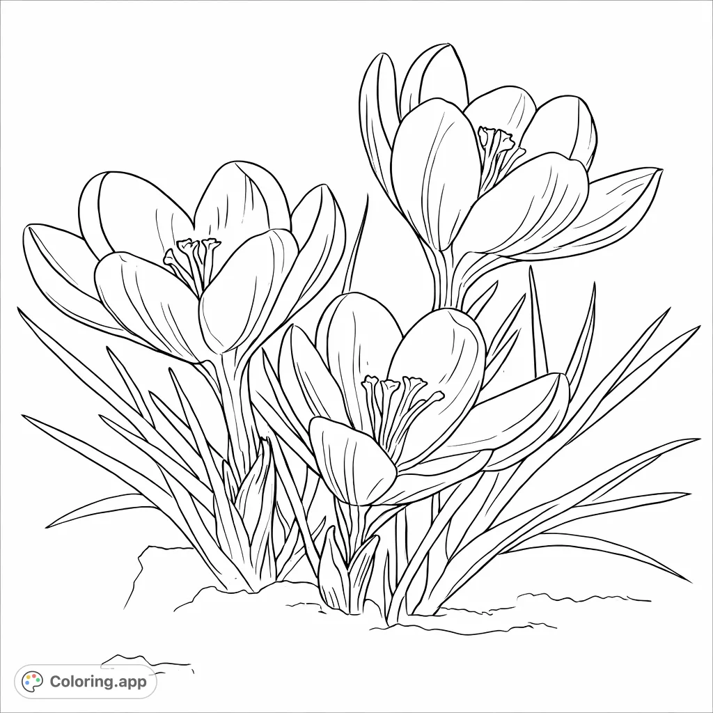 A beautiful crocus flower coloring page featuring three delicate blooms with intricate petals and lush foliage, perfect for a relaxing creative session.