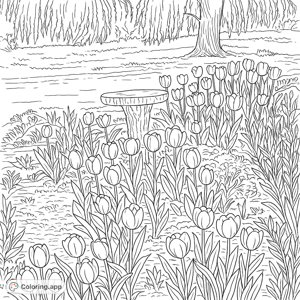 A beautiful spring garden scene featuring a rustic bird bath surrounded by a vibrant array of blooming tulips and lush foliage, perfect for nature lovers.