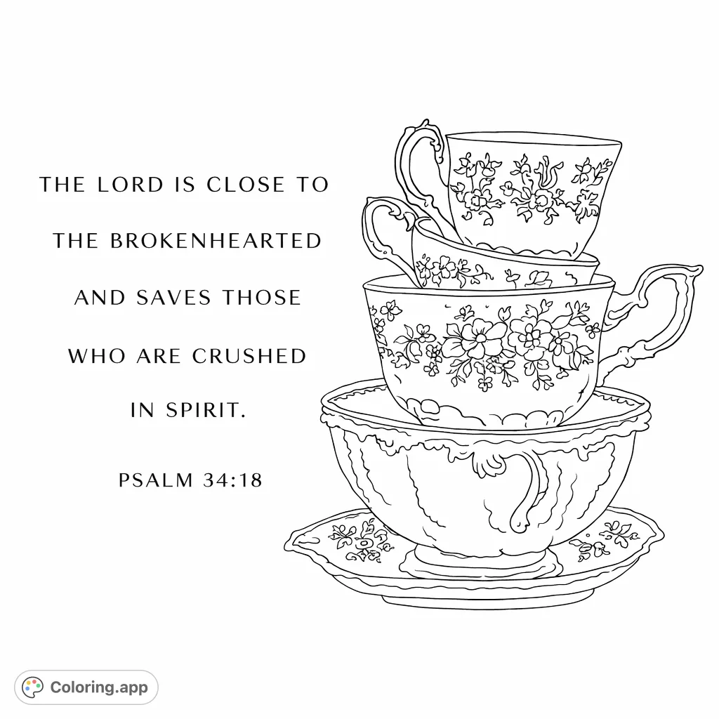 Enjoy coloring a charming stack of three vintage teacups adorned with intricate floral and decorative patterns, resting on a delicate saucer. Perfect for relaxation!