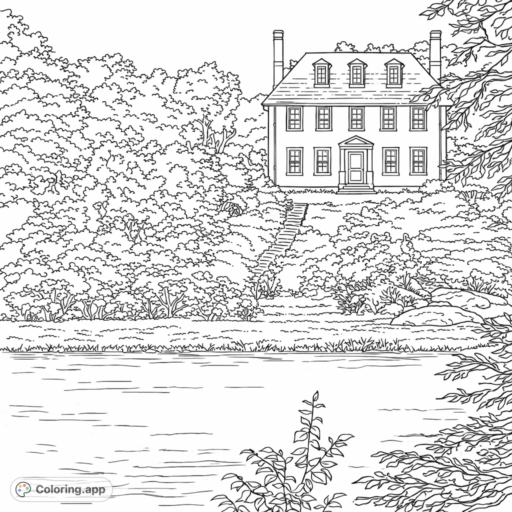 Color a picturesque scene featuring a grand historic house perched on a lush hill overlooking a tranquil river, framed by abundant trees and natural beauty.