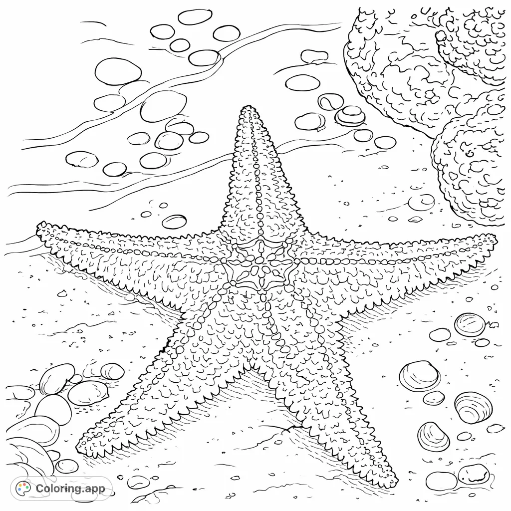 Explore the intricate textures of a starfish resting on a sandy seabed, surrounded by pebbles and shells in this detailed marine life coloring page.