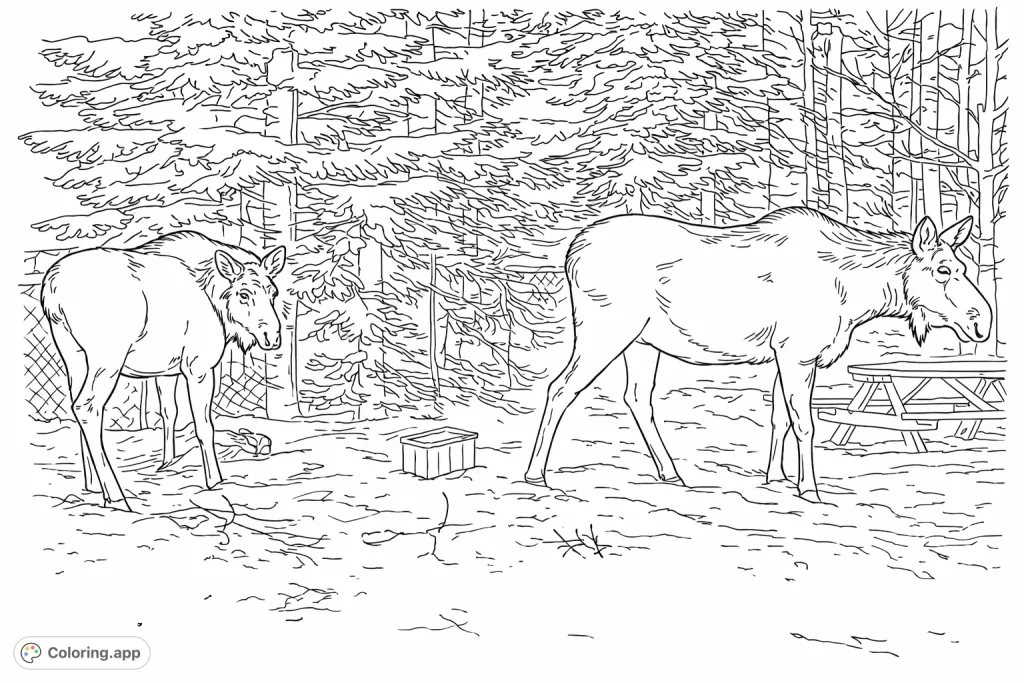 A captivating moose coloring page featuring two majestic moose amidst a serene snowy landscape with pine trees and a rustic picnic table.