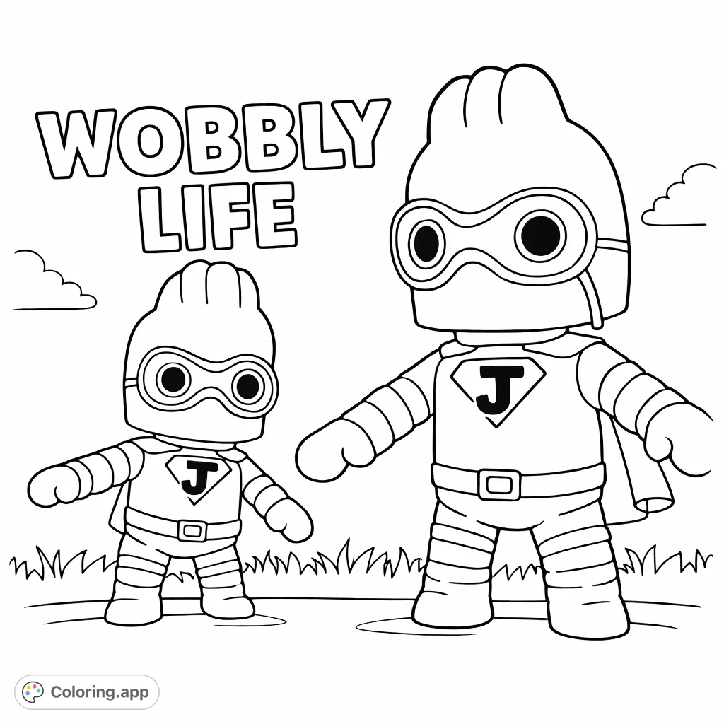 Two playful wobbly characters, a large and a small hero, stand ready for adventure in a simple outdoor scene. Perfect for imaginative coloring fun!