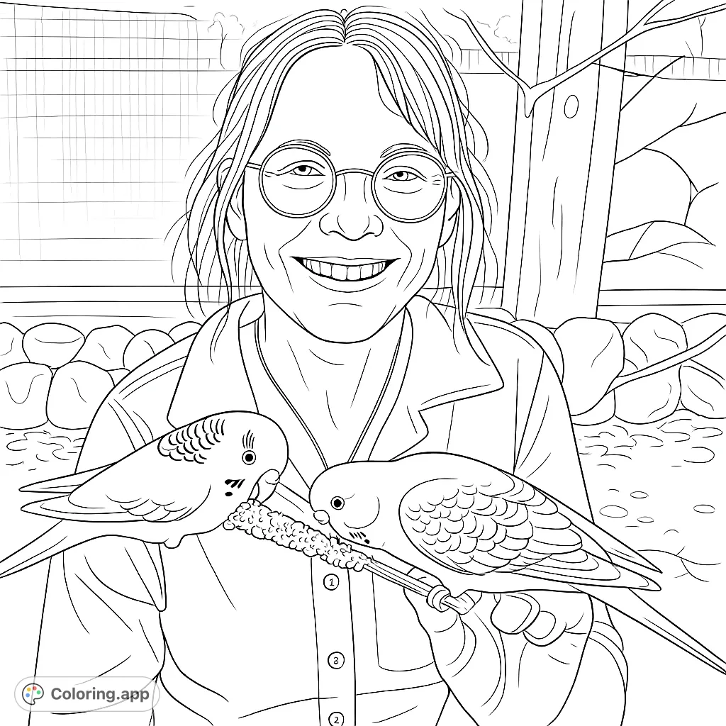 Capture a heartwarming moment: a smiling person feeding two adorable parakeets on a treat stick. A delightful scene for all ages to color and enjoy.