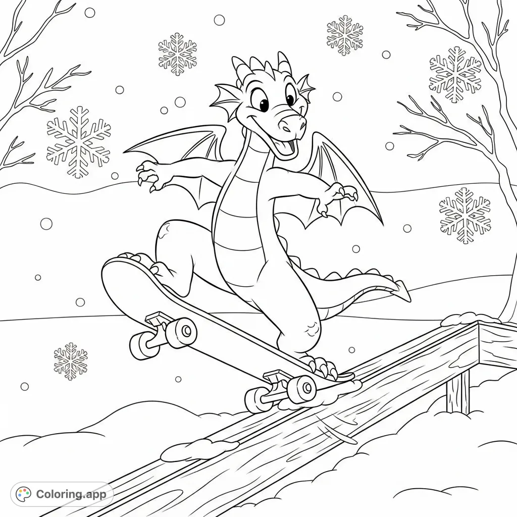 A playful Disney-style dragon grins while expertly skateboarding down a rail amidst a snowy winter scene. Perfect for imaginative coloring fun!
