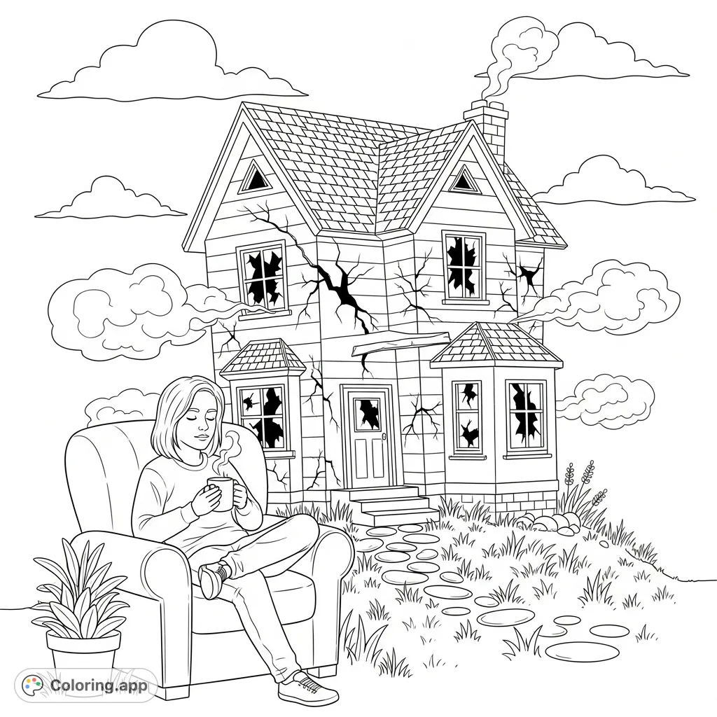 A serene figure sips from a mug, eyes closed, while a tilted, cracked house with smoke-like shapes looms behind, creating a powerful scene of contrast.