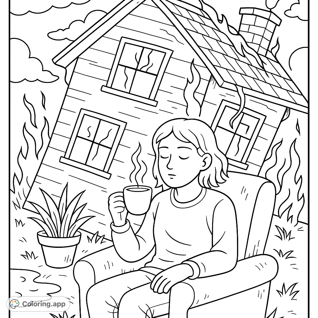A person calmly sips from a mug while their house dramatically tilts and emits smoke, offering a unique scene of tranquility amidst disarray.