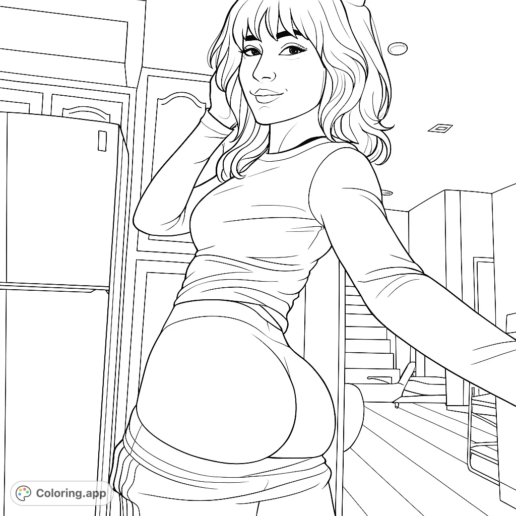 A confident woman strikes a pose in an indoor setting, showcasing her figure in athletic wear. Perfect for adult colorists exploring form and detail.