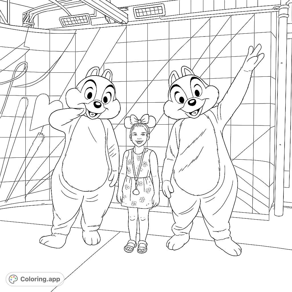 Join two playful chipmunk characters and a happy child for a fun-filled adventure! This delightful coloring page captures a joyful moment with beloved characters.