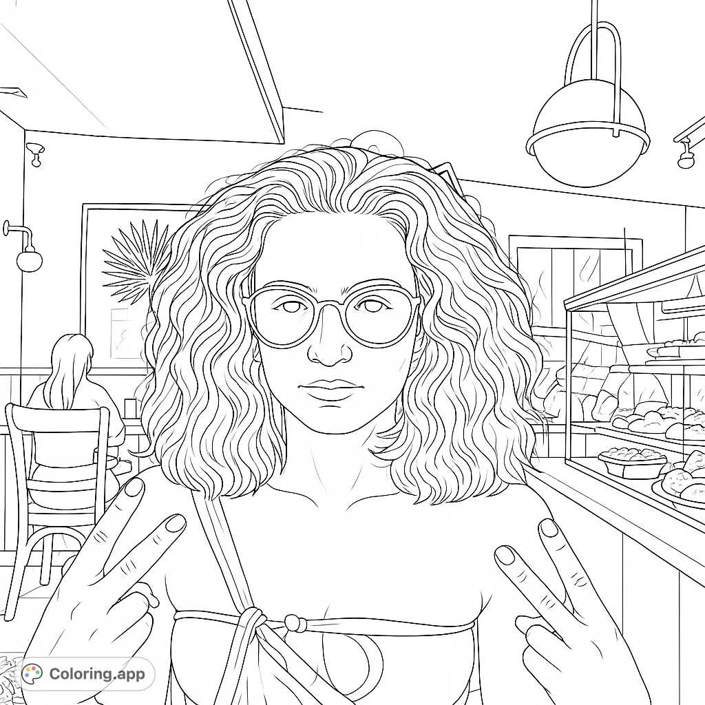 Capture relaxed cafe vibes with this coloring page featuring a woman in sunglasses making peace signs. Perfect for a chill creative escape.