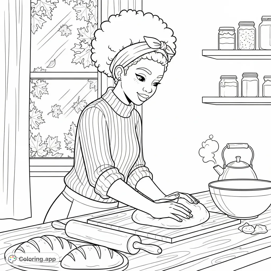 A young woman with a voluminous afro bakes in a cozy kitchen, kneading dough on a wooden counter. Features a rolling pin, proofed loaves, and a window with falling leaves.