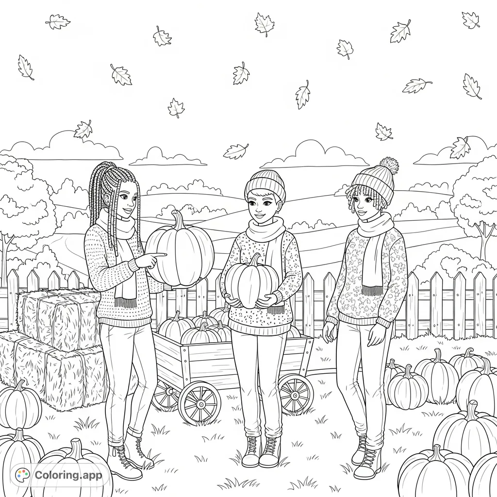 Capture the warmth of autumn with three friends enjoying a pumpkin patch. This free printable coloring page features cozy outfits, hay bales, and falling leaves, perfect for fall fun.
