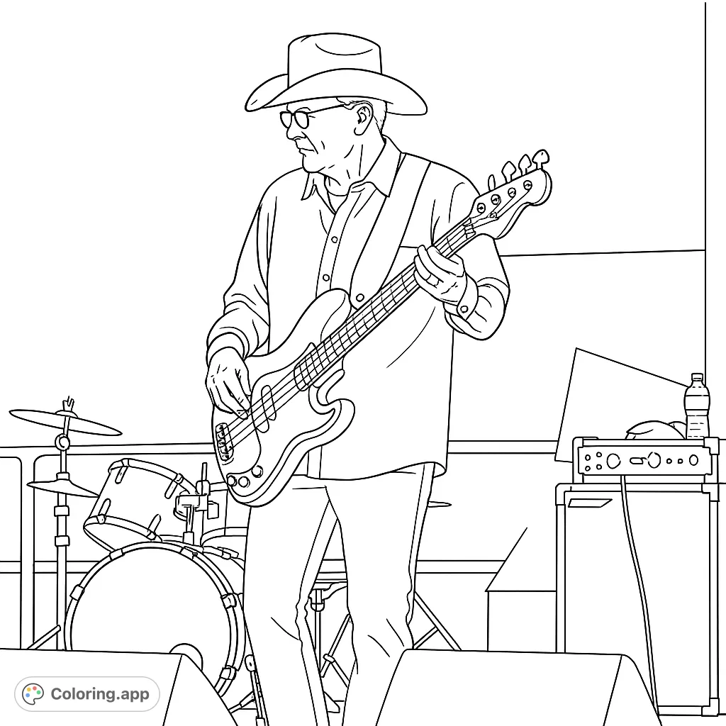 Capture the energy of a musician on stage! This coloring page features a bass player in a cowboy hat, surrounded by instruments, ready for your creative touch.