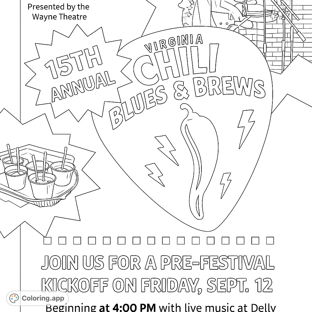 A lively festival scene featuring a musician playing guitar, a tray of chili, and a bold chili pepper graphic, perfect for a fun coloring experience.
