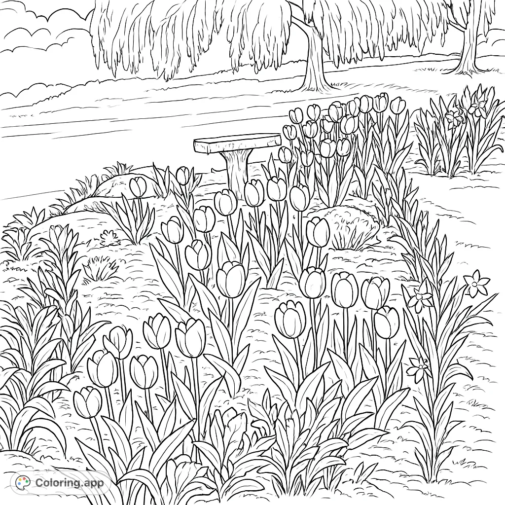 A beautiful garden scene featuring rows of blooming tulips, a rustic bird bath, and lush foliage, perfect for a relaxing coloring experience.