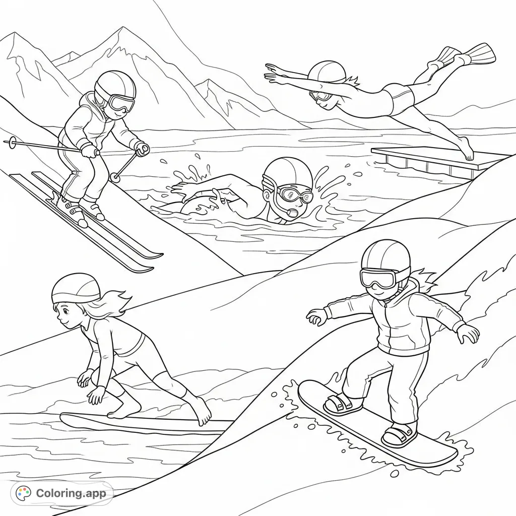 A fun coloring page featuring children enjoying various sports like skiing, swimming, diving, and snowboarding. Perfect for active kids to color and imagine their own adventures.
