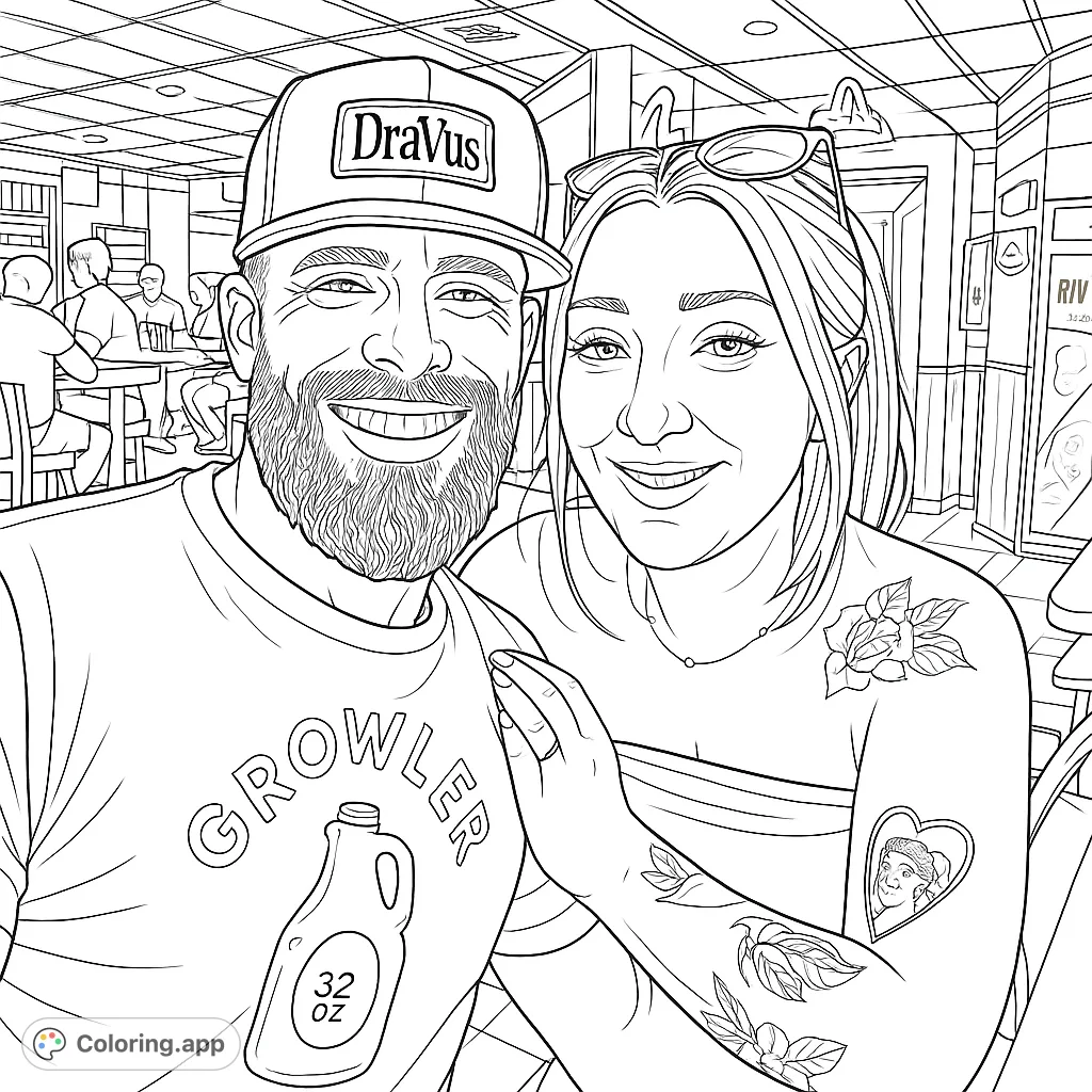 A happy couple smiling brightly, with detailed tattoos and a lively bar setting, ready for your creative touch.