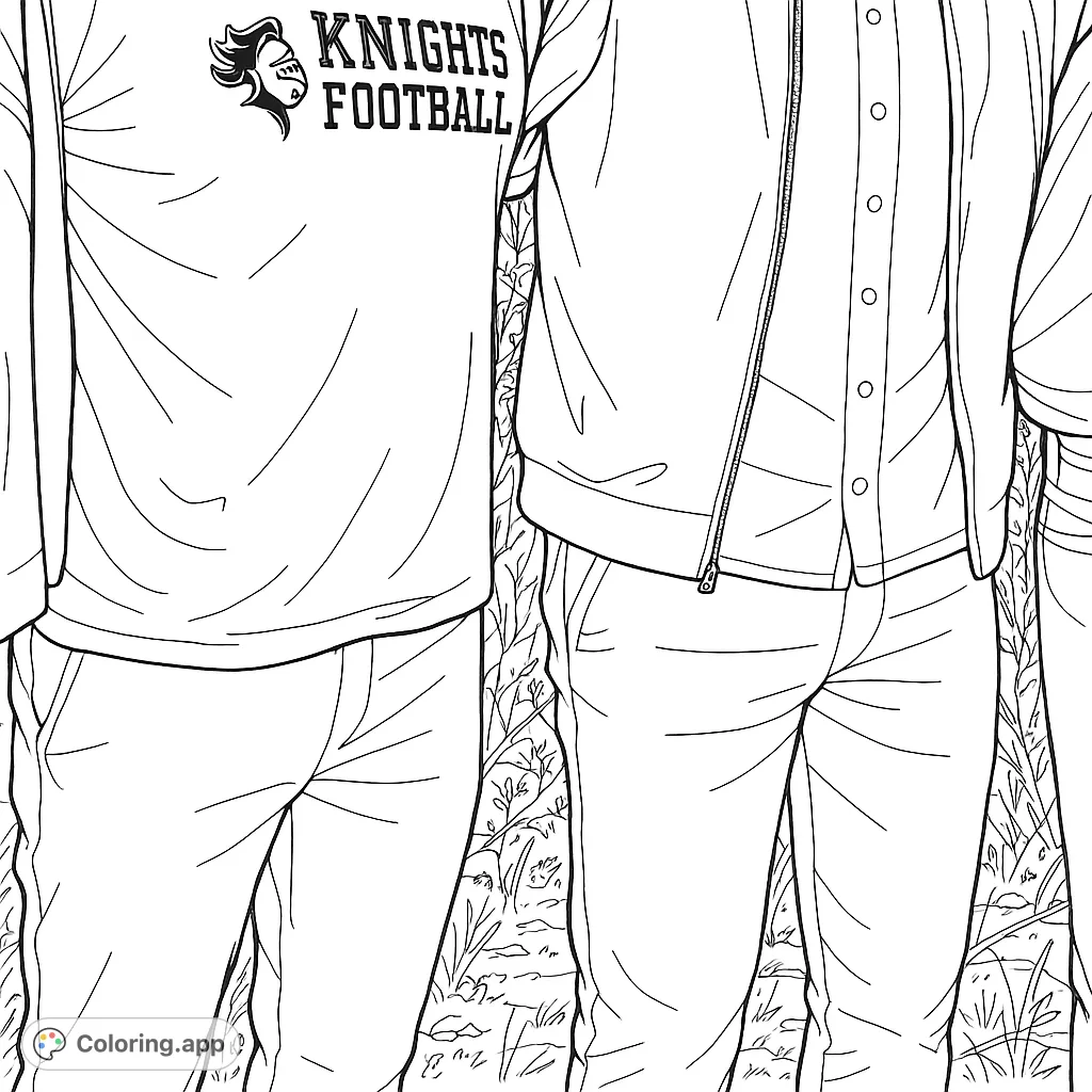 Three figures in casual attire, one sporting a 'Knights Football' shirt, stand outdoors amidst foliage. Perfect for sports enthusiasts.