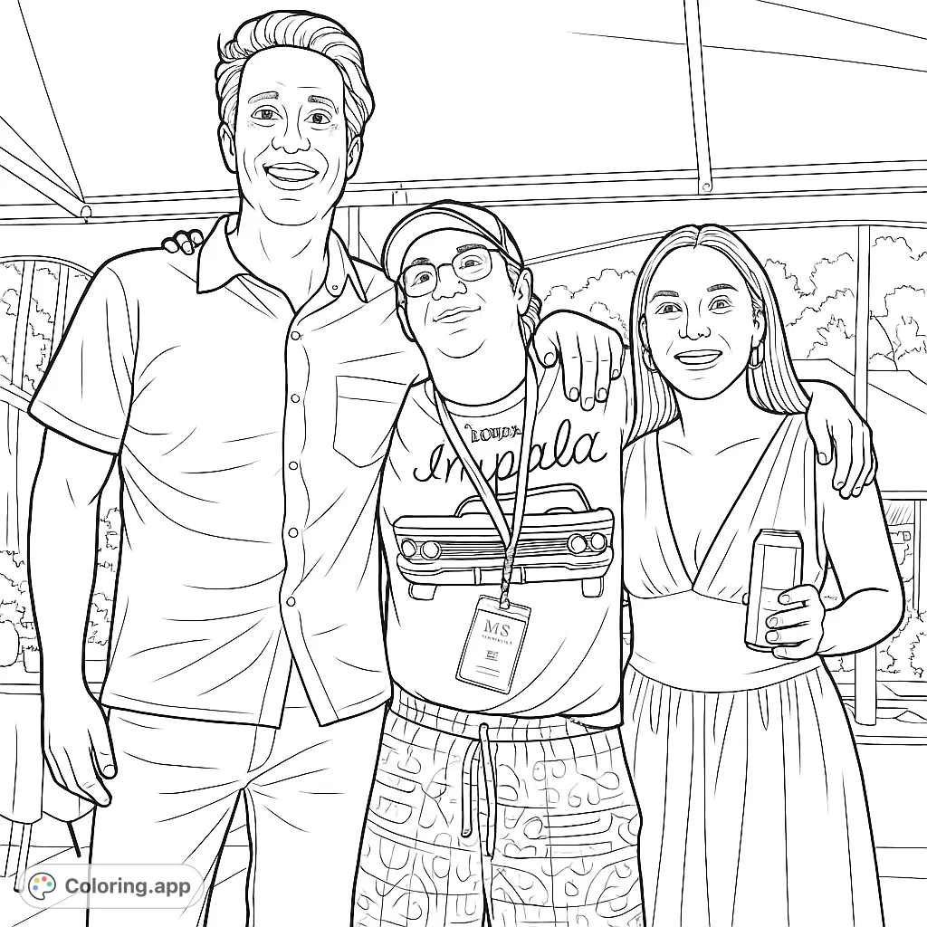 A joyful group of three friends smiling and posing together, perfect for a heartwarming coloring experience.