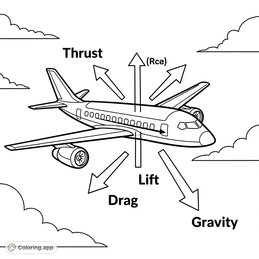 Explore the physics of flight with this airplane coloring page, featuring detailed depictions of Thrust, Lift, Drag, and Gravity. A free printable educational coloring page.