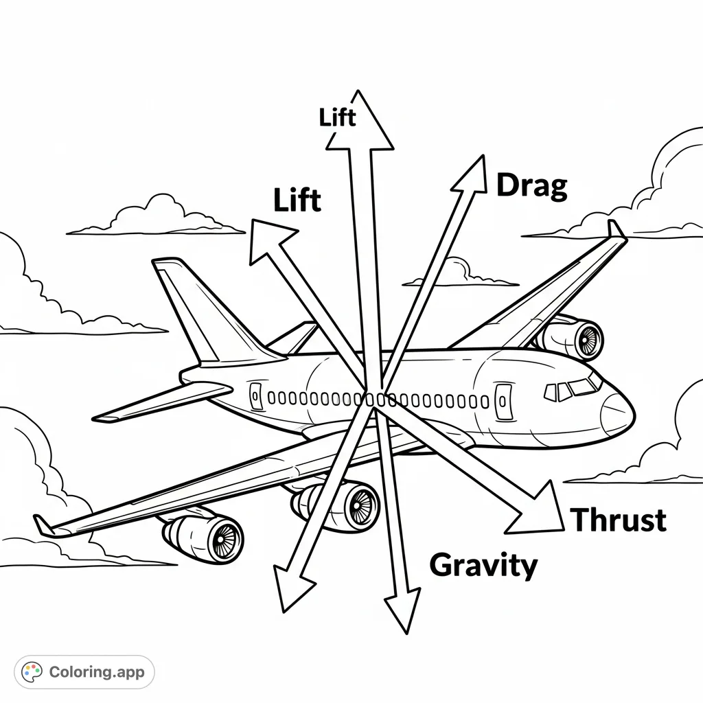 Explore the fundamental forces of flight with this detailed airplane coloring page, featuring Lift, Gravity, Thrust, and Drag clearly labeled.
