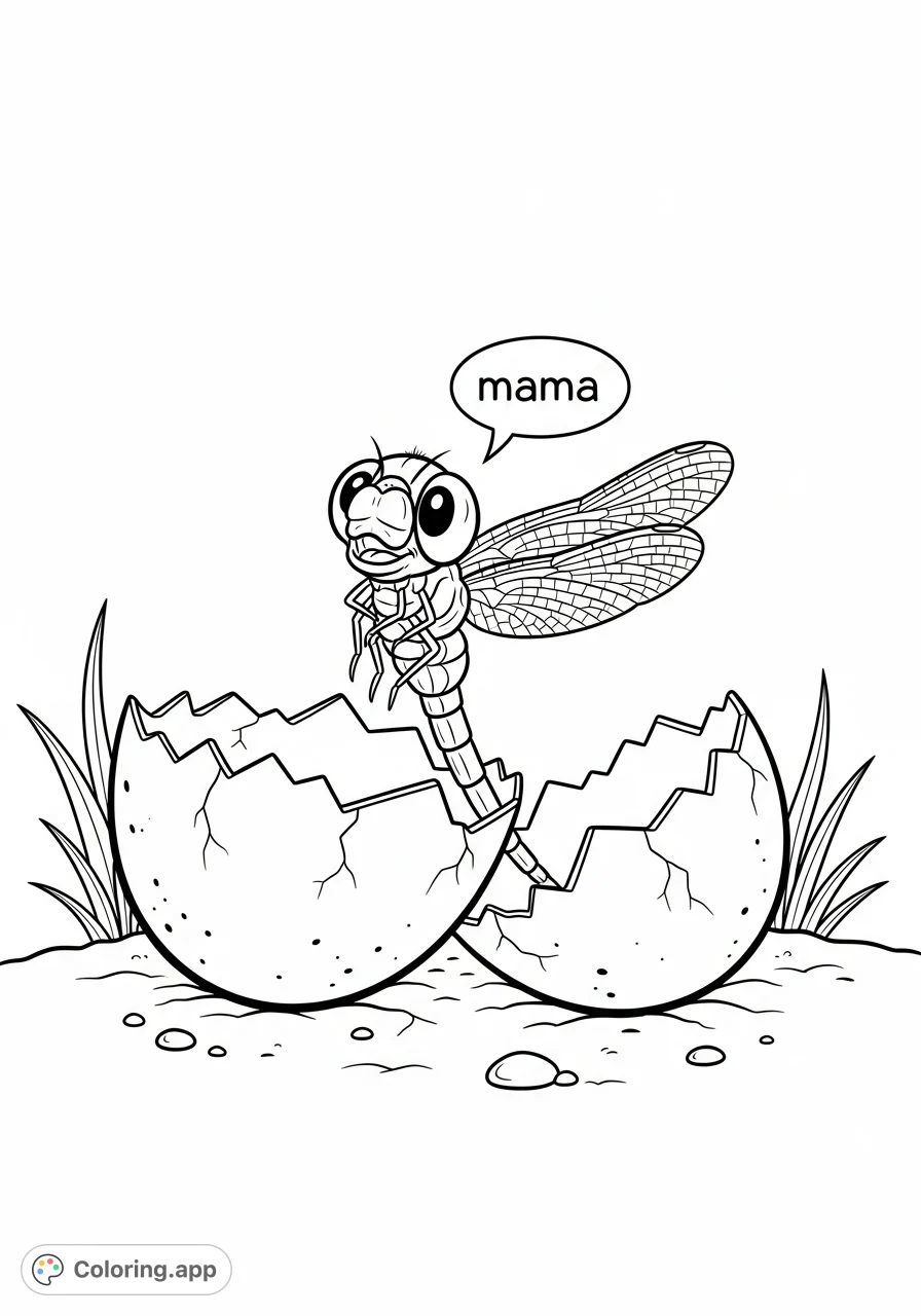 A heartwarming free printable dragonfly coloring page featuring a baby dragonfly hatching from its shell, uttering its first word, 'mama'.