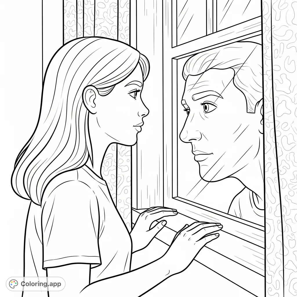 An intense coloring page depicting a younger woman at a bathroom window, unaware of a man's face pressed against the pane, staring directly at her.