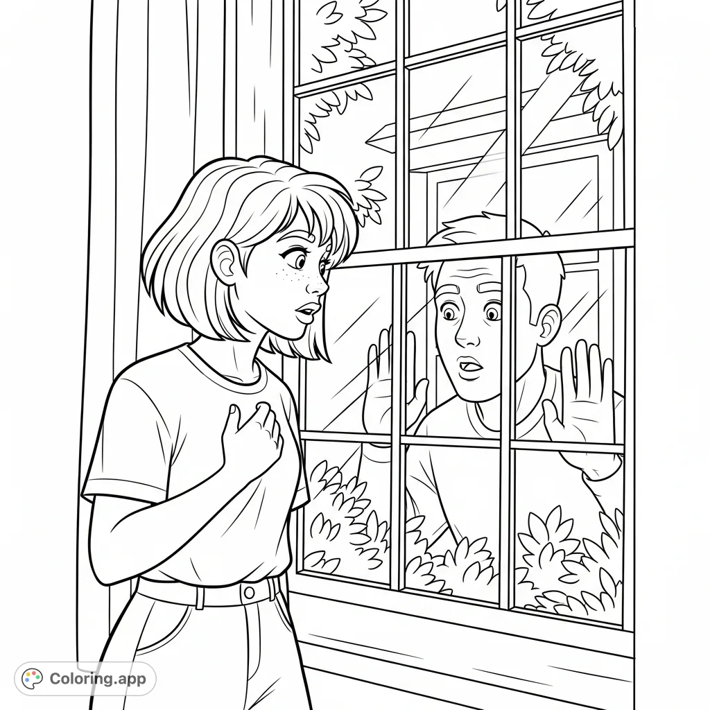 A younger woman and a peeping tom share a surprised moment at a window. This mature coloring page explores themes of surprise and unforeseen encounters.