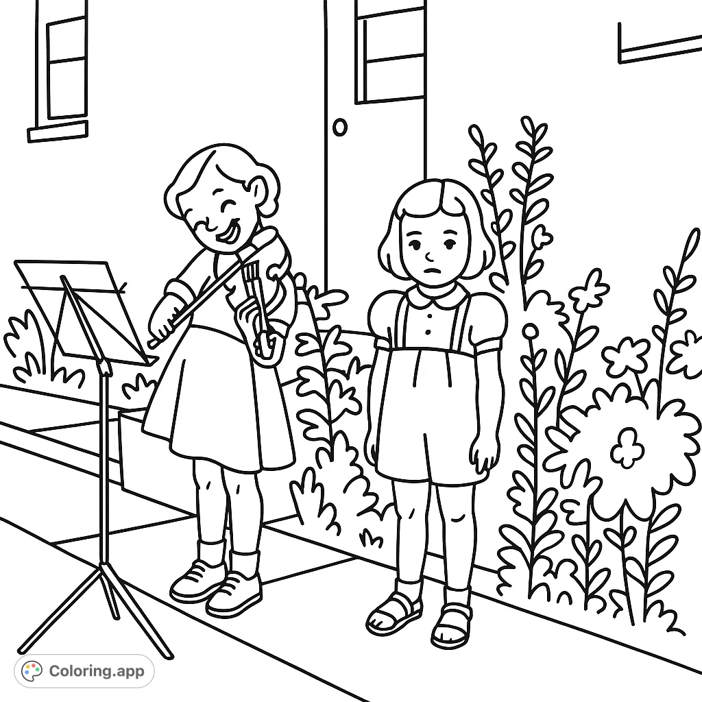 A charming coloring page featuring two young girls, one playing a violin, standing outdoors by a building and flowering plants. Perfect for kids to enjoy musical fun!