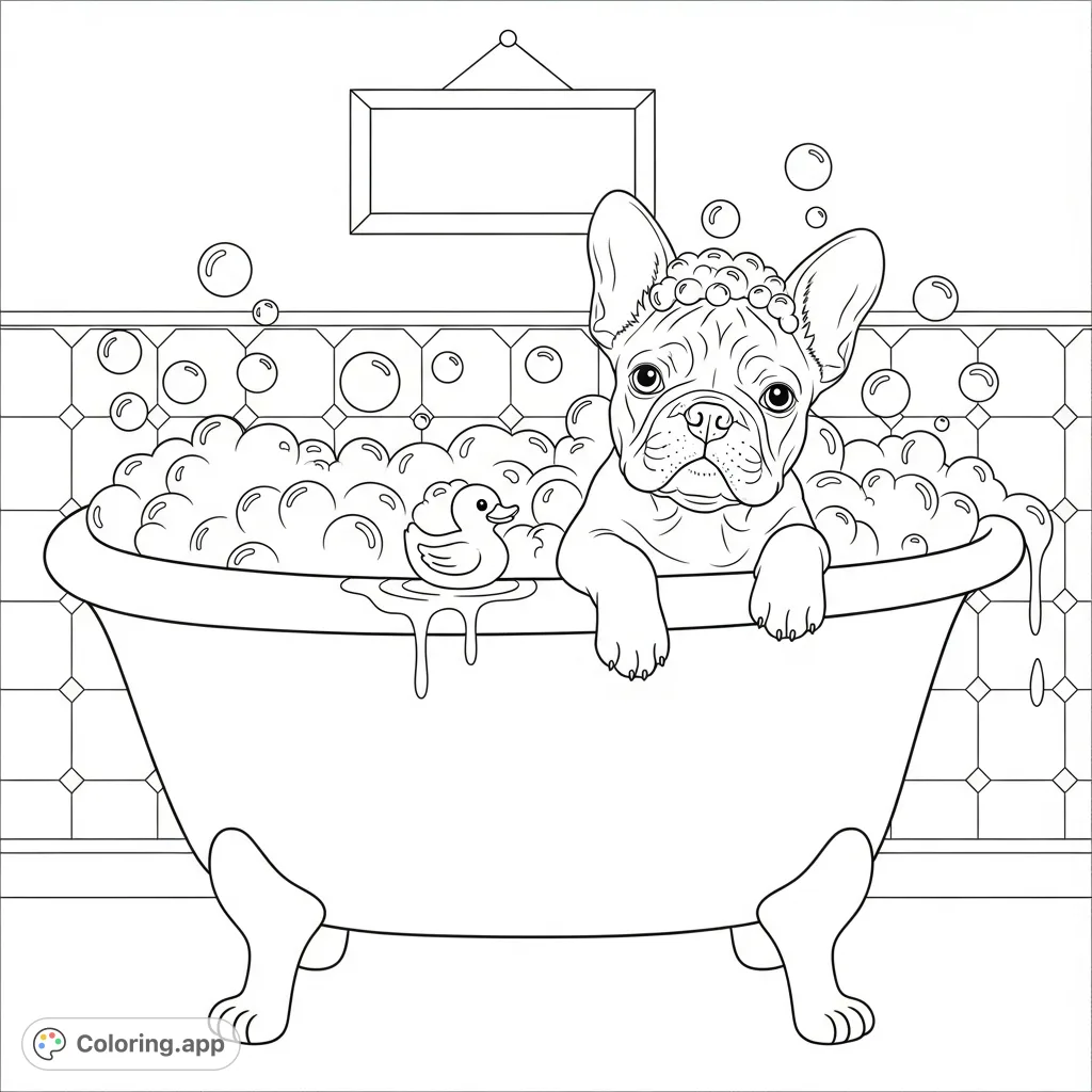 Enjoy a delightful French Bulldog spa day coloring page! A cute puppy relaxes in a bubbly tub with a rubber duck, perfect for pet lovers and relaxation.