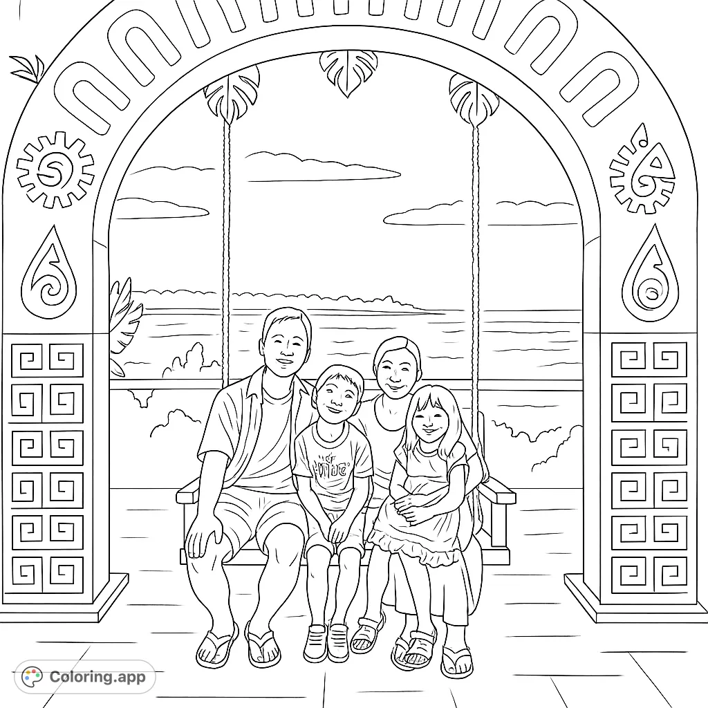 Capture cherished memories with this family vacation archway swing coloring page. Features a joyful family, decorative arch, and serene ocean backdrop.