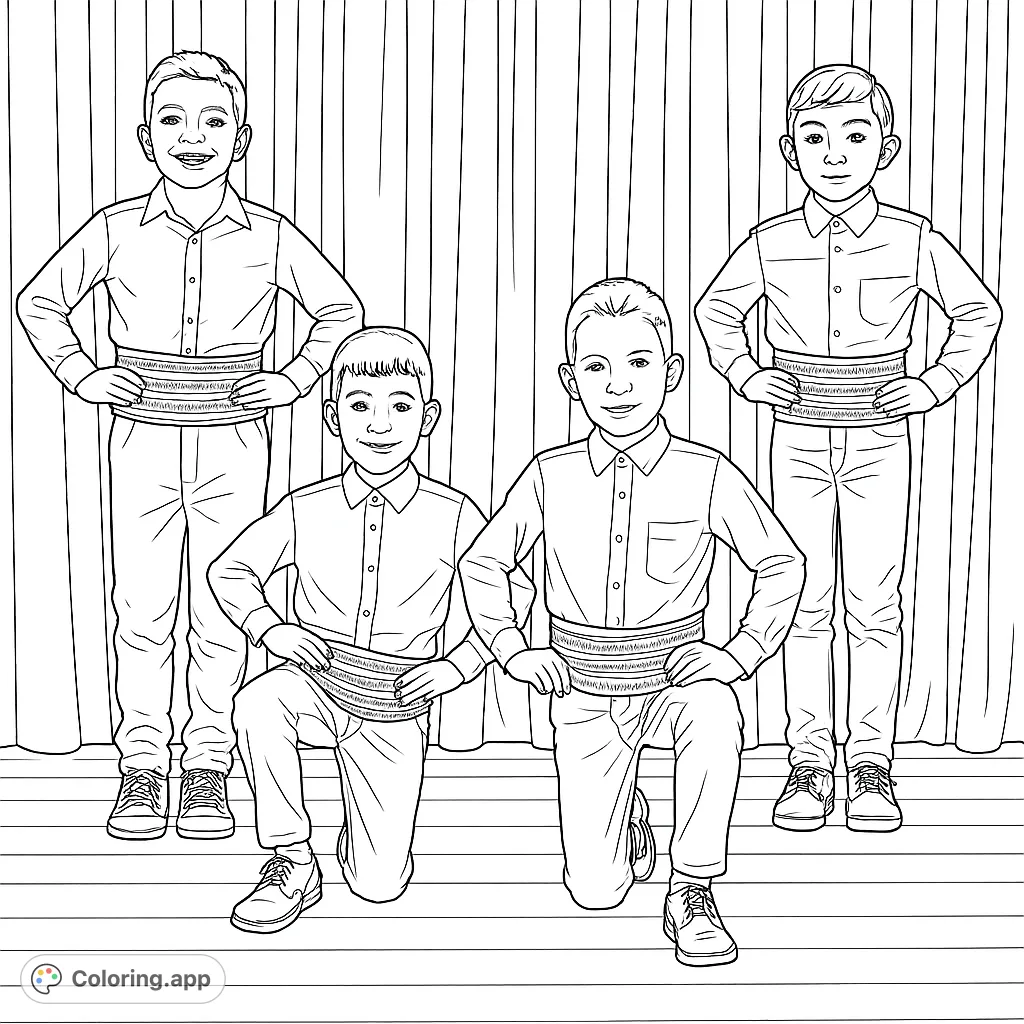Four cheerful boys in traditional folk dance attire, two standing and two kneeling, ready for a performance. A fun cultural coloring page for all ages.