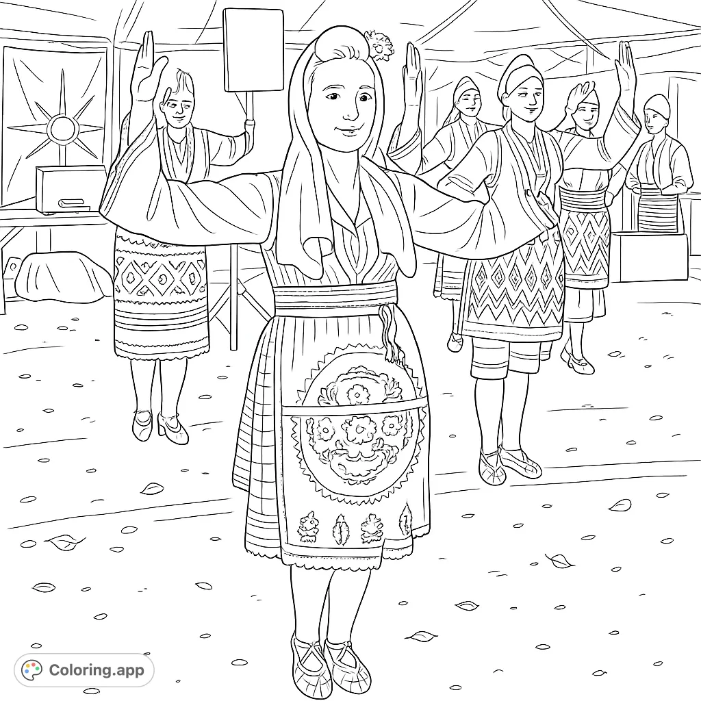 Celebrate culture with this traditional folk dance coloring page. Features dancers in intricate costumes, perfect for all ages.
