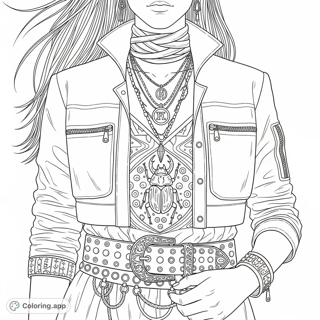 Explore a detailed fashion coloring page featuring a person with flowing hair, a layered jacket, intricate beetle design, and studded belt. Perfect for creative expression.