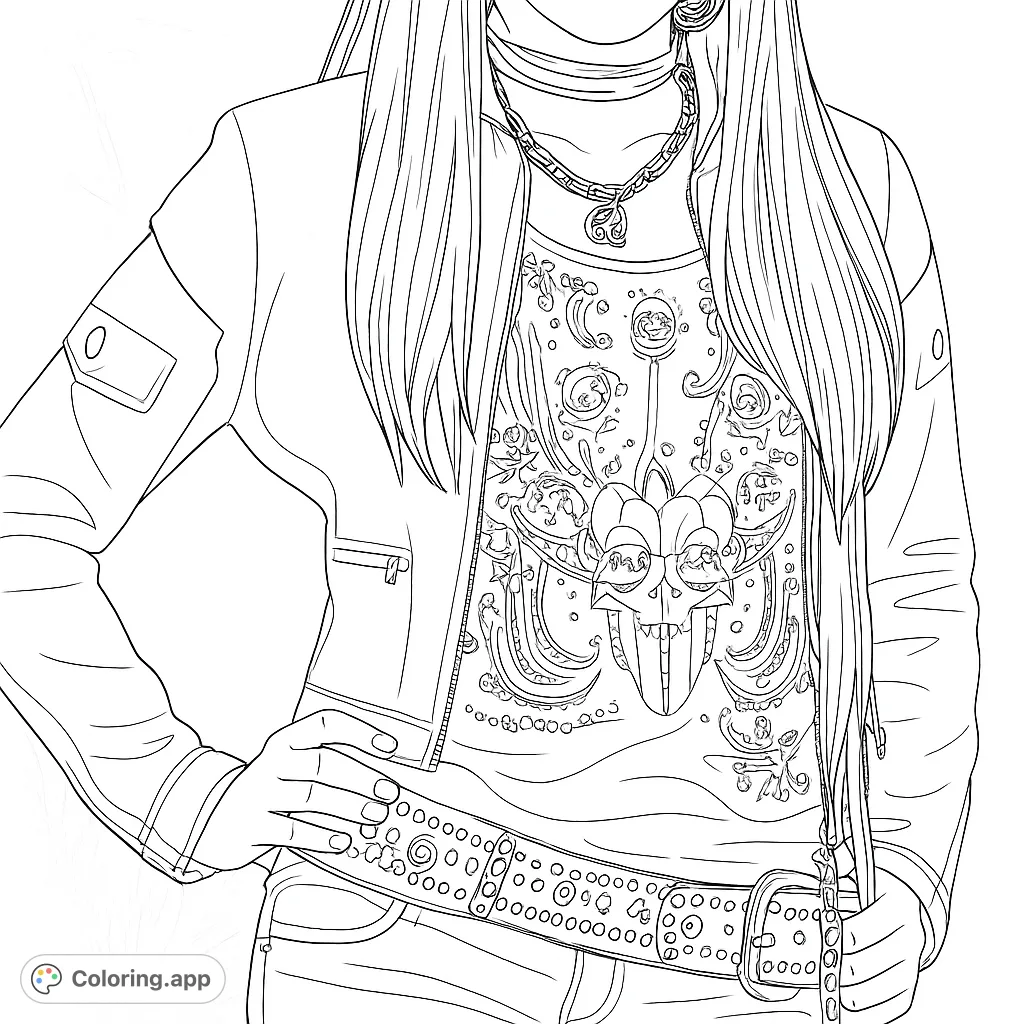Explore a stylish layered fashion ensemble featuring a jacket, patterned top with a beetle design, intricate necklaces, and a studded belt. A trendy fashion coloring page.