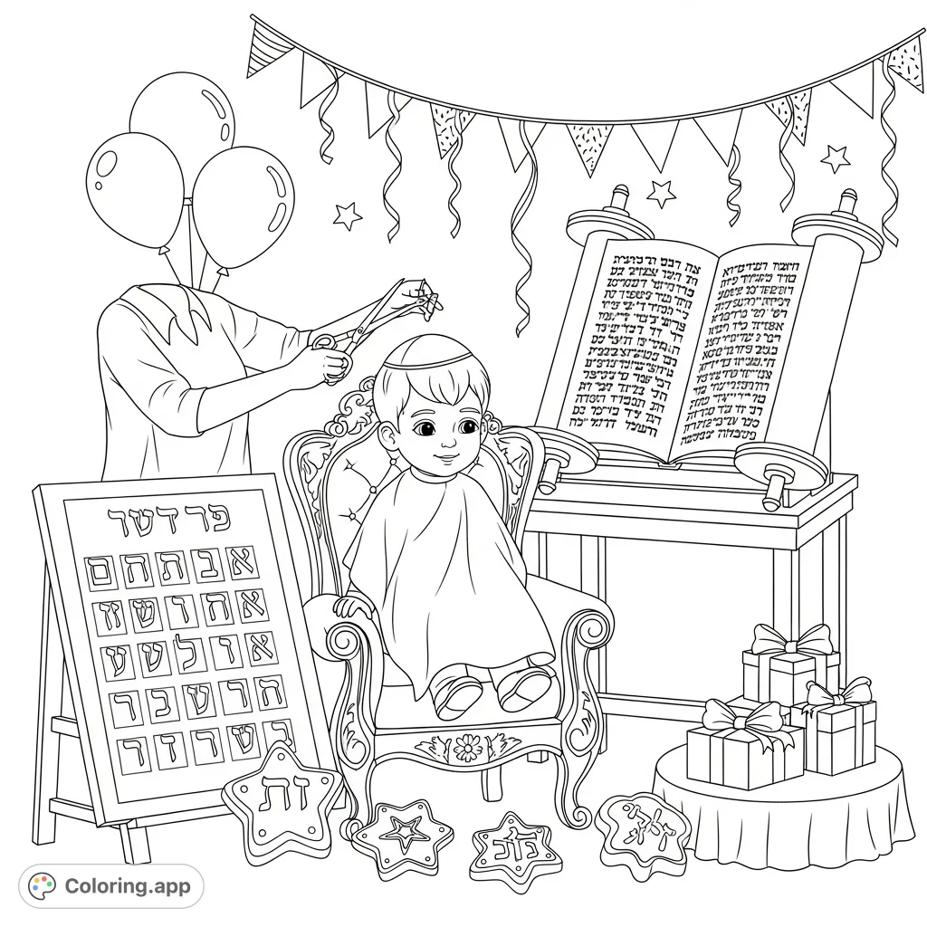 Celebrate a special milestone with this Upsherin coloring page. A boy gets his first haircut, wears a kipa, and learns Hebrew letters amidst Torah themes.