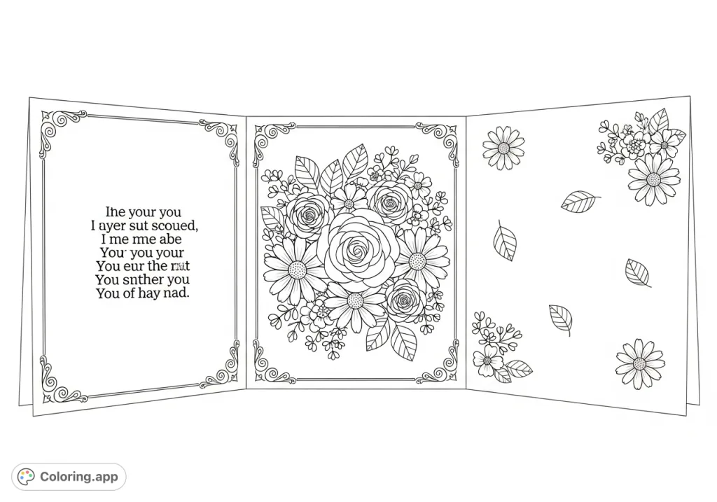 A lovely foldable Mother's Day card featuring charming flowers and a heartfelt poem, perfect for young children to color and personalize for their moms.